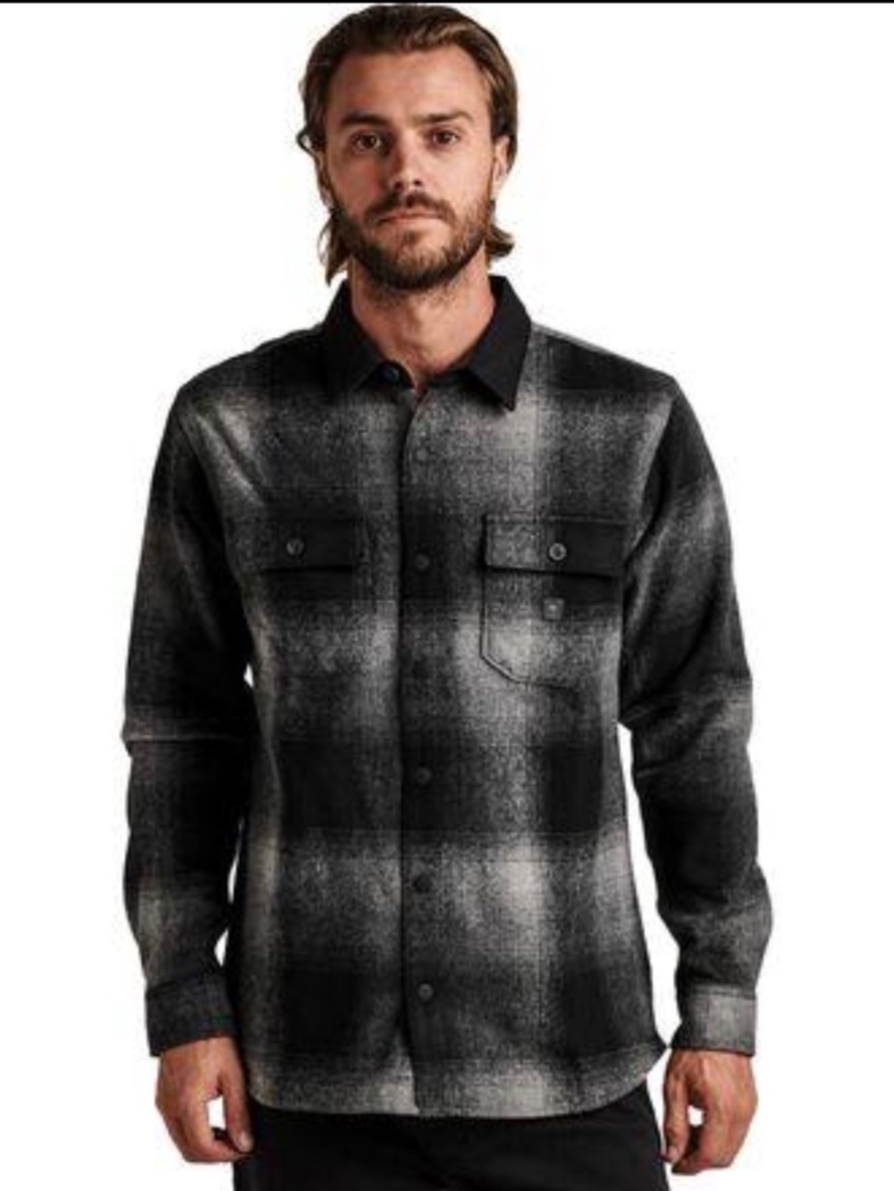 Roark Nordsman Men’s L Charcoal Plaid Flannel Shirt Jacket Elbow Patches